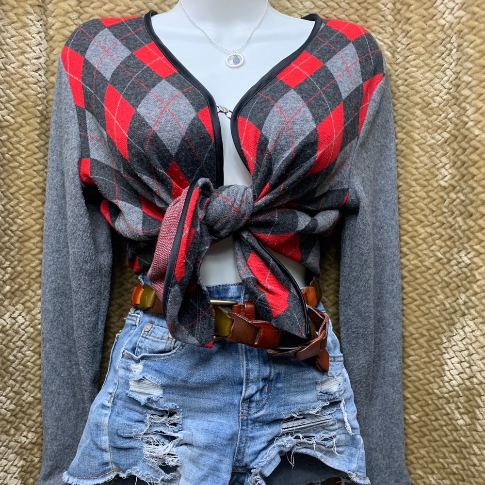 Vintage Samantha Lee Red & Gray Argyle Cardigan Sweater